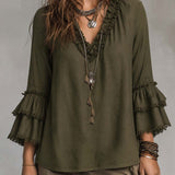 Ruffled Lace Cotton Linen Long-sleeved Blouse