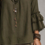 Ruffled Lace Cotton Linen Long-sleeved Blouse