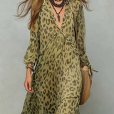 Olive Green Leopard Print Chiffon Long-sleeved Bohemian Dress