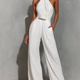 White Faux Cotton-Linen Halter-Neck Sleeveless Jumpsuit