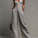Bohemian Grey Lace-Trimmed Pleated Wide-Leg Jumpsuit