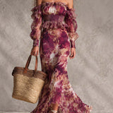 Rose Pink Floral Off-Shoulder Chiffon Maxi Dress