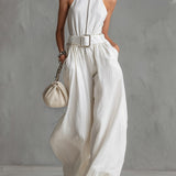 Elegant Urban Belted Sleeveless Wide-Leg Jumpsuit