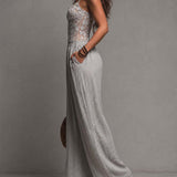 Bohemian Grey Lace-Trimmed Pleated Wide-Leg Jumpsuit