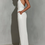 White Faux Cotton-Linen Halter-Neck Sleeveless Jumpsuit