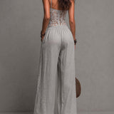Bohemian Grey Lace-Trimmed Pleated Wide-Leg Jumpsuit
