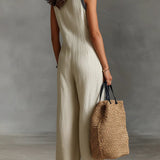Minimalist stand-up collar zipper sleeveless jumpsuit