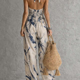 Halter Neck Ink Wash Print Wide Leg Jumpsuit With Pockets