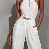 White Faux Cotton-Linen Halter-Neck Sleeveless Jumpsuit