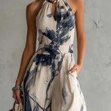 Halter Neck Ink Wash Print Wide Leg Jumpsuit With Pockets