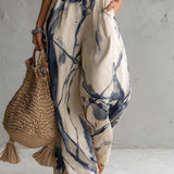 Halter Neck Ink Wash Print Wide Leg Jumpsuit With Pockets