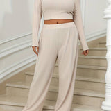 Stylish White Plus Size Ribbed Top and Pants Set for Women - Krystal Collection