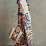 Bohemian Floral Paisley Kaftan Midi Dress In Ivory Blue