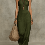 Relaxed Soft Drape Halter Column Linen Halter Maxi Dress
