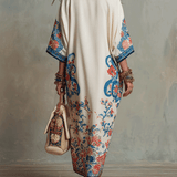 Bohemian Floral Paisley Kaftan Midi Dress In Ivory Blue