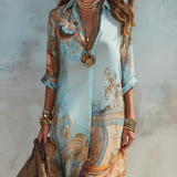 Baroque Style Floral Blue Chiffon Maxi Dress