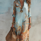 Baroque Style Floral Blue Chiffon Maxi Dress