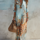 Baroque Style Floral Blue Chiffon Maxi Dress