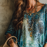 Bohemian Blue Leopard Print Batwing Sleeve Top