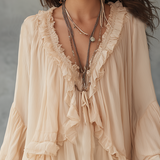 Beige V-neck Chiffon Top With Ruffled Trim