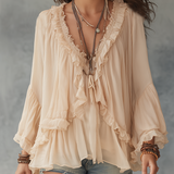 Beige V-neck Chiffon Top With Ruffled Trim
