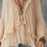 Beige V-neck Chiffon Top With Ruffled Trim