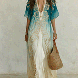Elegant Coastal Breeze Aqua Ombre Kaftan Maxi Dress
