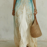 Elegant Coastal Breeze Aqua Ombre Kaftan Maxi Dress