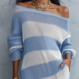 Bohemian Stripe Resort Sky Blue Off-Shoulder Knit Maxi Dress