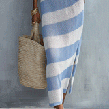 Bohemian Stripe Resort Sky Blue Off-Shoulder Knit Maxi Dress
