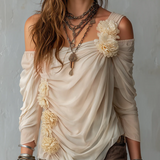Bohemian Draped Off-Shoulder Floral Chiffon Blouse