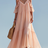 Dreamy Blush Pink Cold-Shoulder Chiffon Maxi Dress