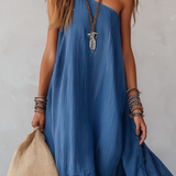 Royal Blue Striped Off-the-shoulder Flowing Long Dress