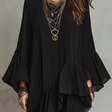 Elegant Asymmetric Ruffle Black Boho Midi Dress