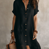 Modern Boho Effortless Black Linen Relaxed Midi Dress