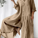 Casual Plain Lapel Collar Single Breasted Wide Leg Jumpsuit