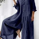 Casual Plain Lapel Collar Single Breasted Wide Leg Jumpsuit