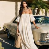 Bohemian Style Off-the-shoulder Pleated Ivory Long Dress