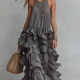 Elegant Grey Romantic Layered Ruffle Long Dress