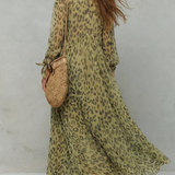 Olive Green Leopard Print Chiffon Long-sleeved Bohemian Dress