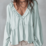 Soft Boho Ruffled V-Neck Relaxed Blouse