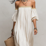 Bohemian Style Off-the-shoulder Pleated Ivory Long Dress
