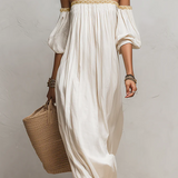 Bohemian Style Off-the-shoulder Pleated Ivory Long Dress
