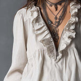 Effortless Zip-up Collar Ruffled Cotton Linen Blouse