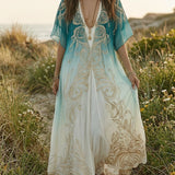 Elegant Coastal Breeze Aqua Ombre Kaftan Maxi Dress