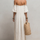 Bohemian Style Off-the-shoulder Pleated Ivory Long Dress