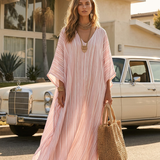Bohemian-style Soft Pink Striped Kaftan Dress