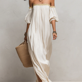 Bohemian Style Off-the-shoulder Pleated Ivory Long Dress