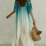 Elegant Coastal Breeze Aqua Ombre Kaftan Maxi Dress