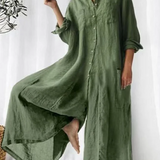 Casual Plain Lapel Collar Single Breasted Wide Leg Jumpsuit